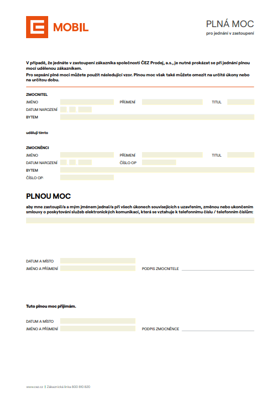 Vzor plné moci k zastupování lze najít i na webu ČEZ.