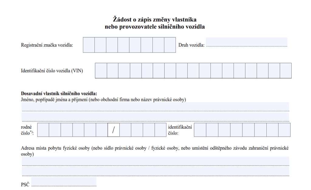 Přepis vozidla - formulář.