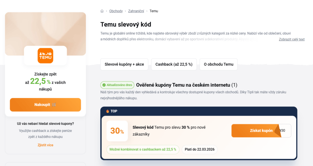 Nákupem na Temu přes Tipli.cz lze ušetřit až 22,5 % z nákupů.